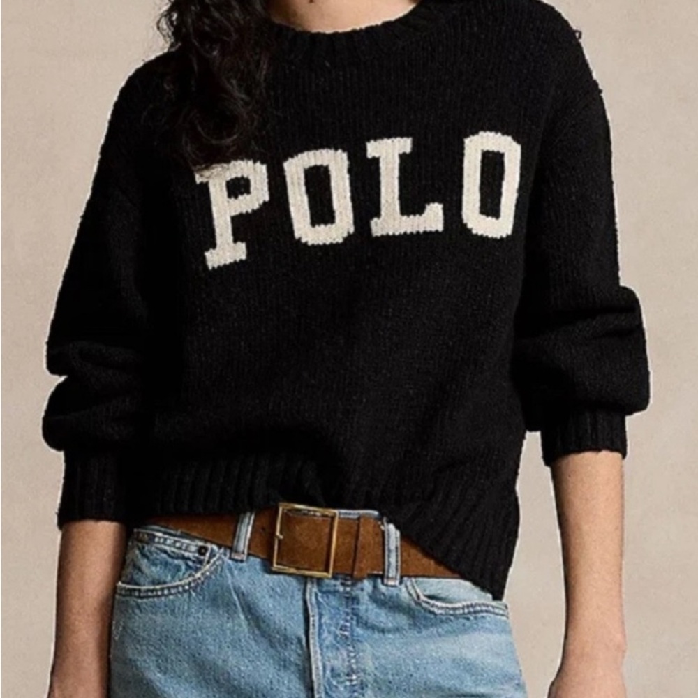 Polo Ralph Lauren Intarsia Logo Black Wool Sweater Size Large
